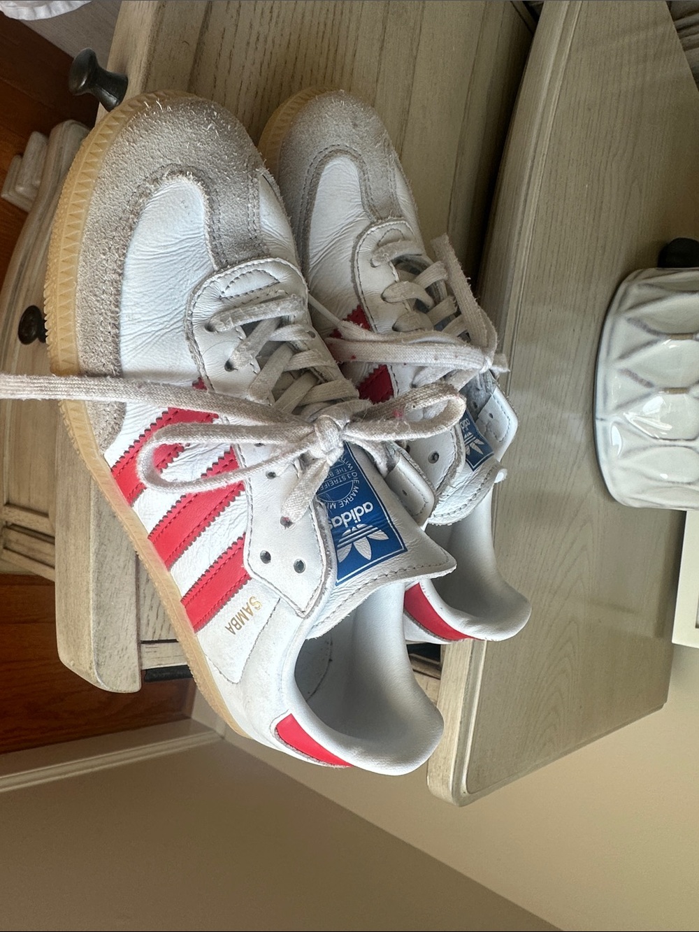 adidas Kids Samba Sneakers - White with Red Stripes and Gum Sole